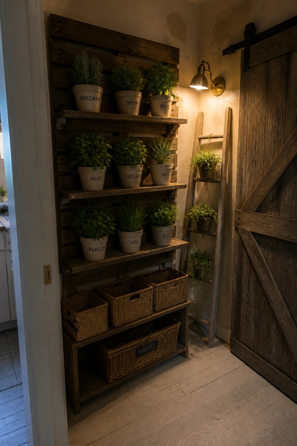 A wooden pallet mounted indoors holds multiple shelves with potted herbs labeled rosemary, thyme, basil, mint, oregano, sage, parsley, chives, and dill, with wicker baskets on the bottom shelf.