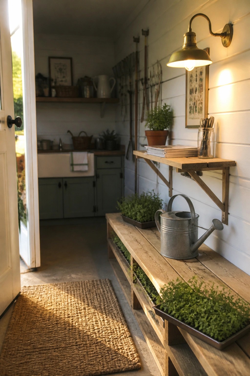Rustic potting shed with wooden bench, herb seedlings, watering can, and brass lamp