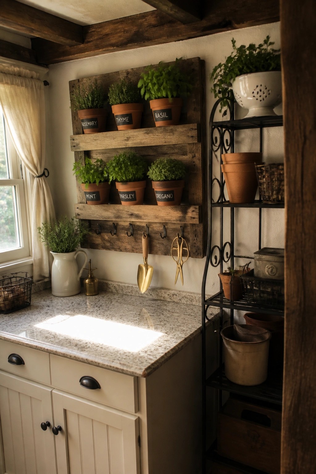 Rustic wooden herb garden with labeled pots above speckled countertop and metal shelves