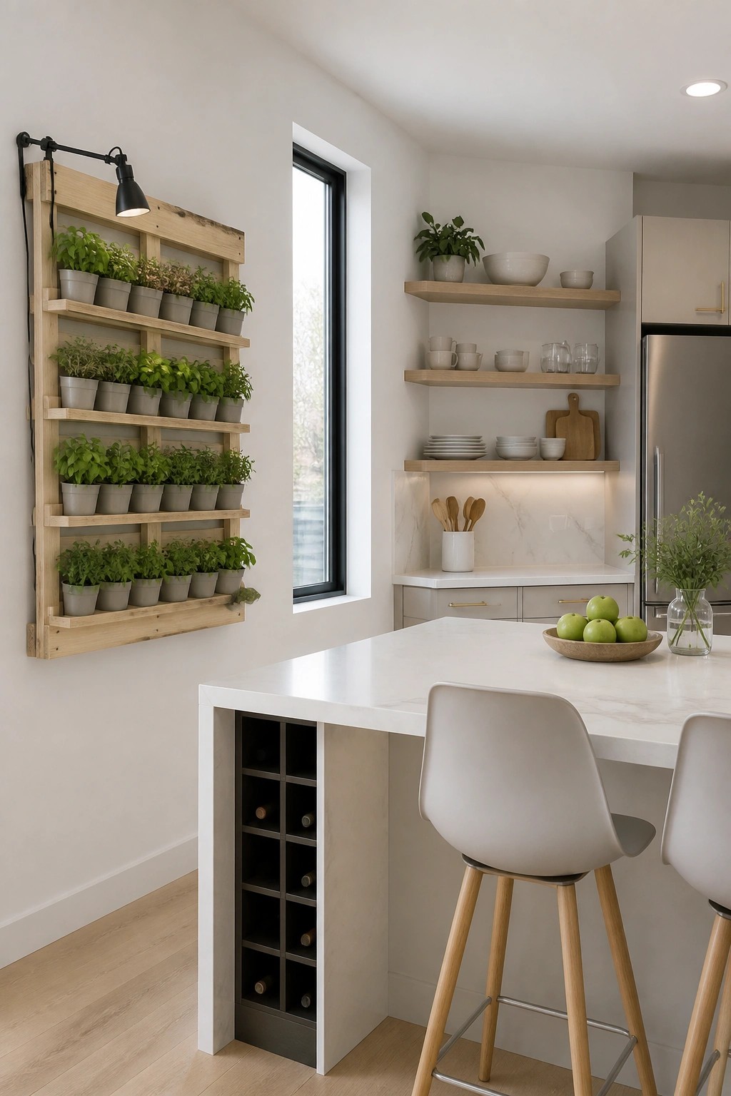 Modern kitchen with vertical herb garden wall, marble island, floating shelves, and bar stools.