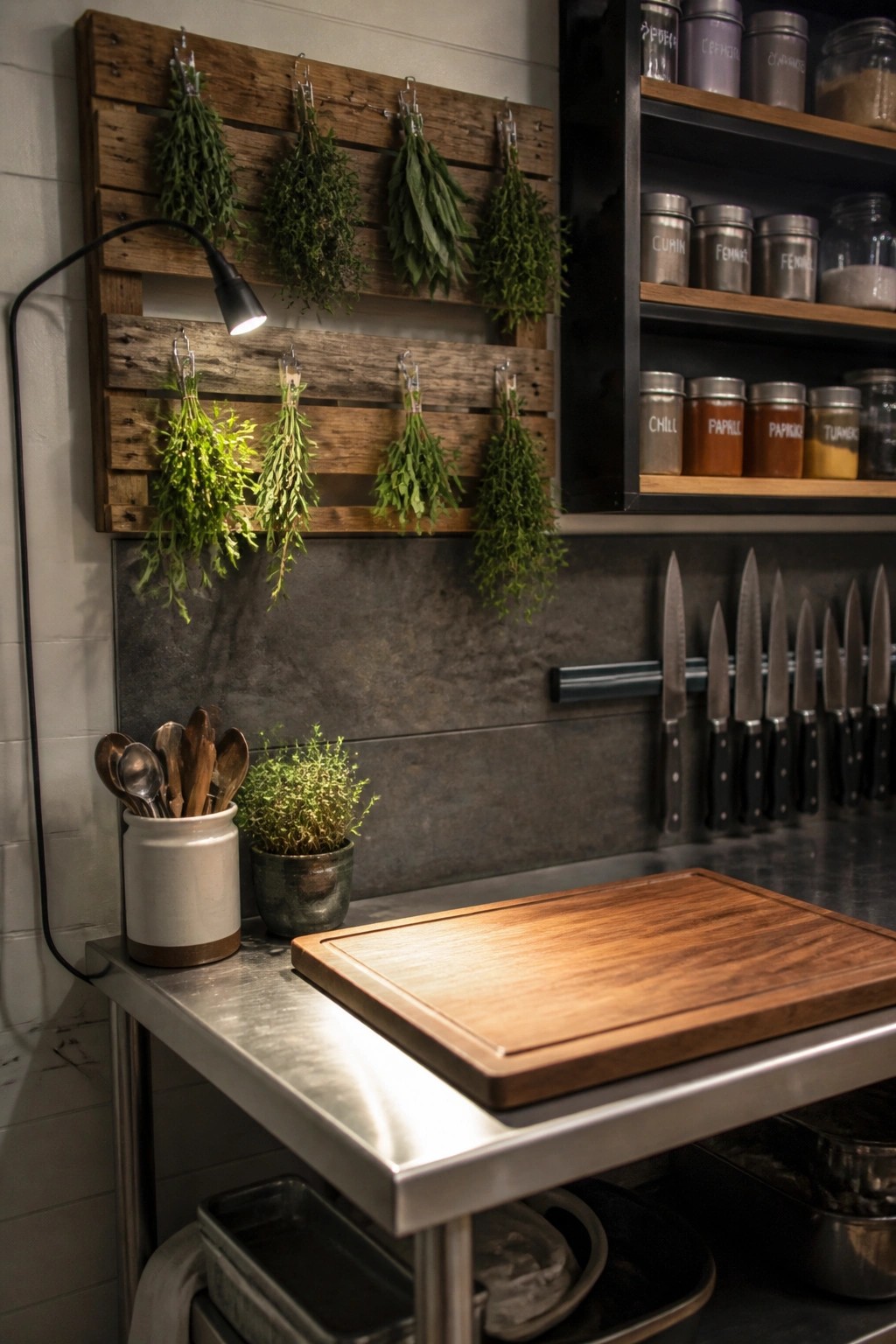 Wooden rack with hanging herb bunches beside spice shelves and knives on kitchen counter