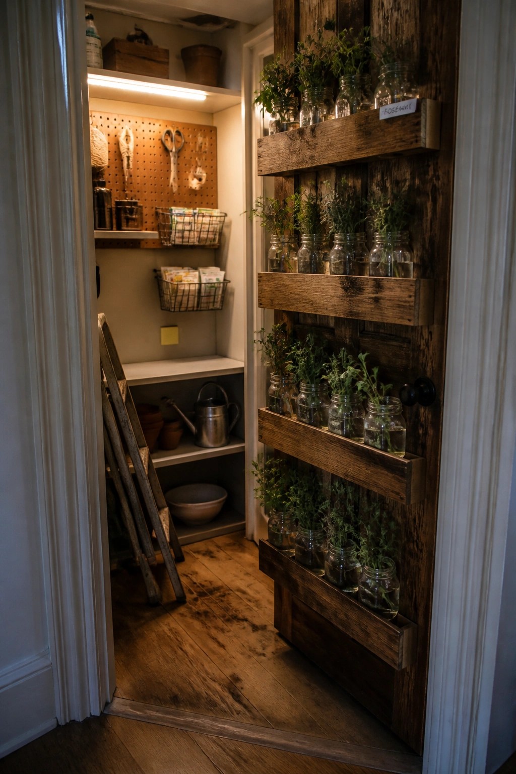 An open interior door fitted with three horizontal wooden pallet shelves holding mason jars of green herbs, viewed from inside a small storage room with pegboard and shelves.