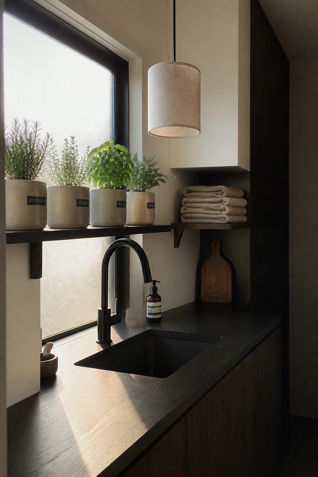A kitchen interior shows a dark countertop with a black sink and faucet, a wooden shelf holding four labeled herb pots under a frosted window, and a hanging fabric light fixture.