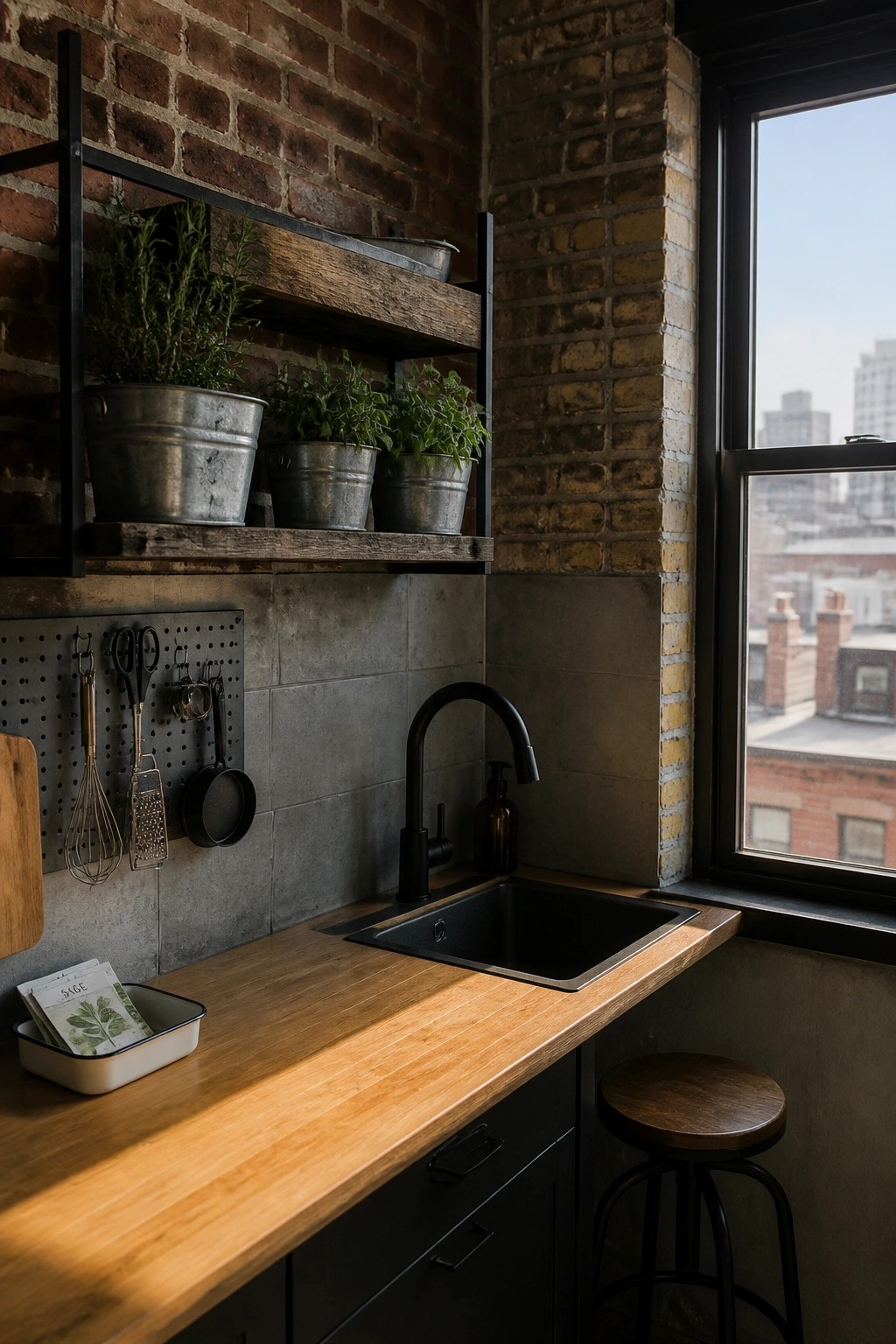 Industrial kitchen with wooden counter, black sink, brick walls, and potted plants.