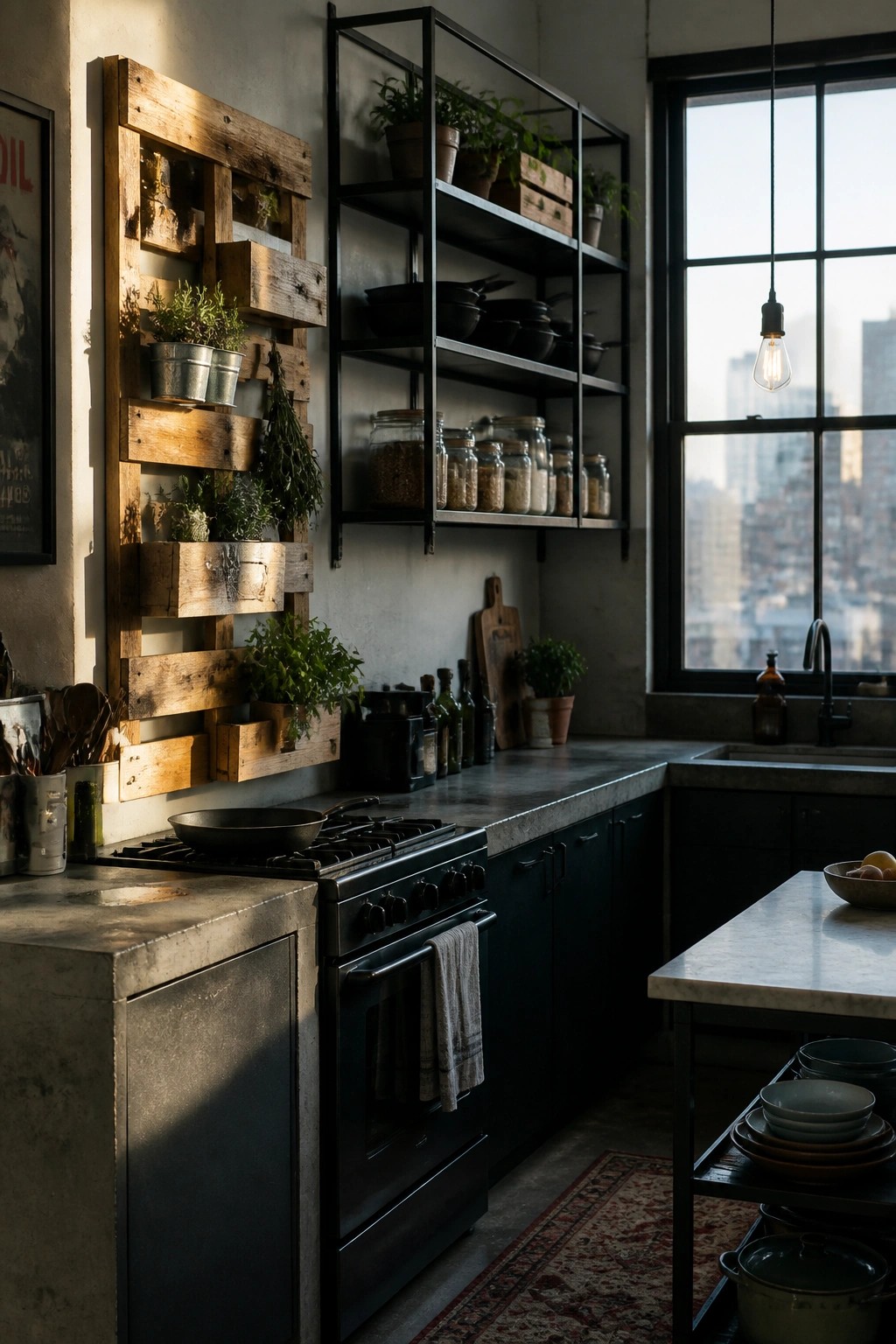 Rustic kitchen with black stove, wooden herb wall, metal shelves, and city window.