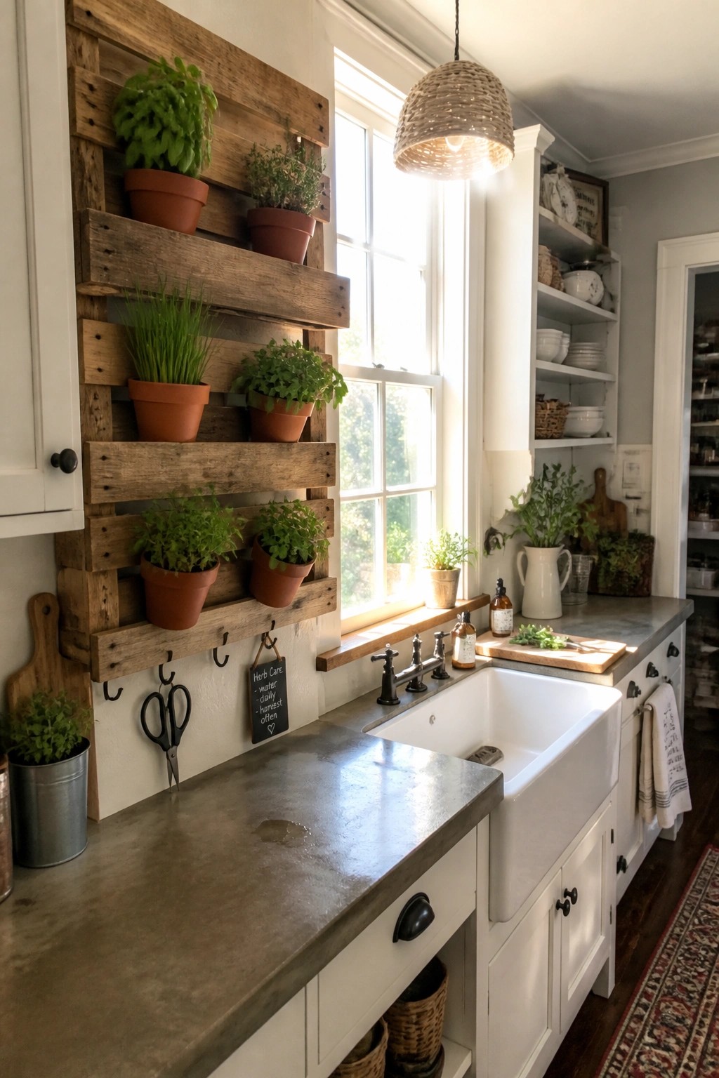 Rustic kitchen with white farmhouse sink, concrete counters, and wooden herb pallet.