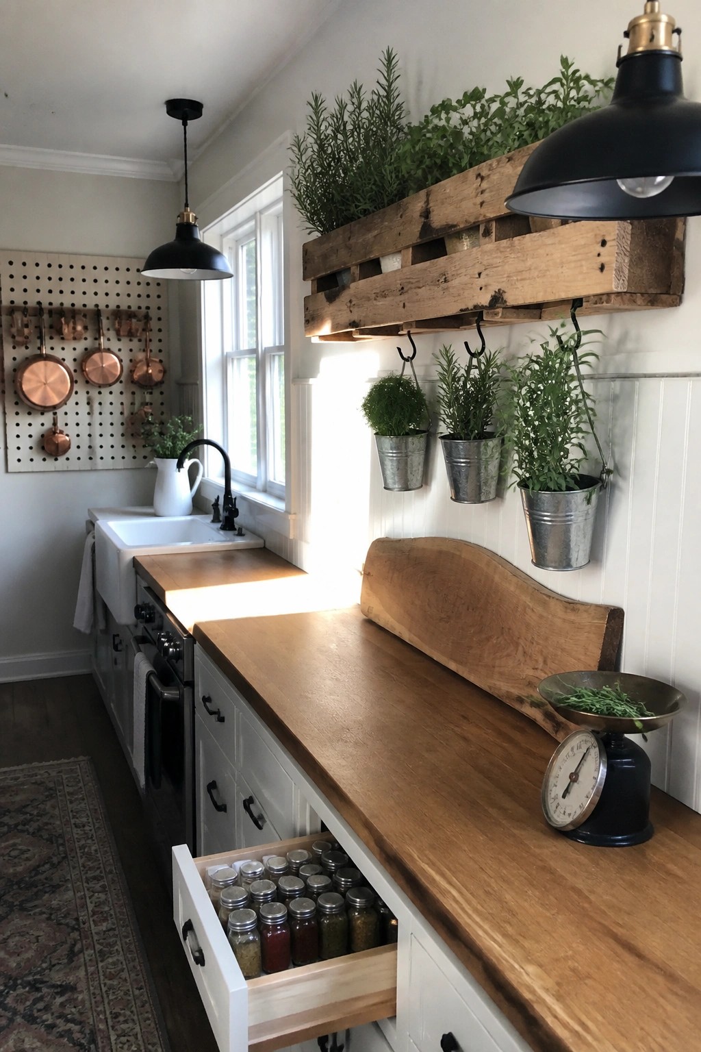 A kitchen with a wooden pallet mounted on the wall above a counter, holding hanging herb plants in metal buckets.