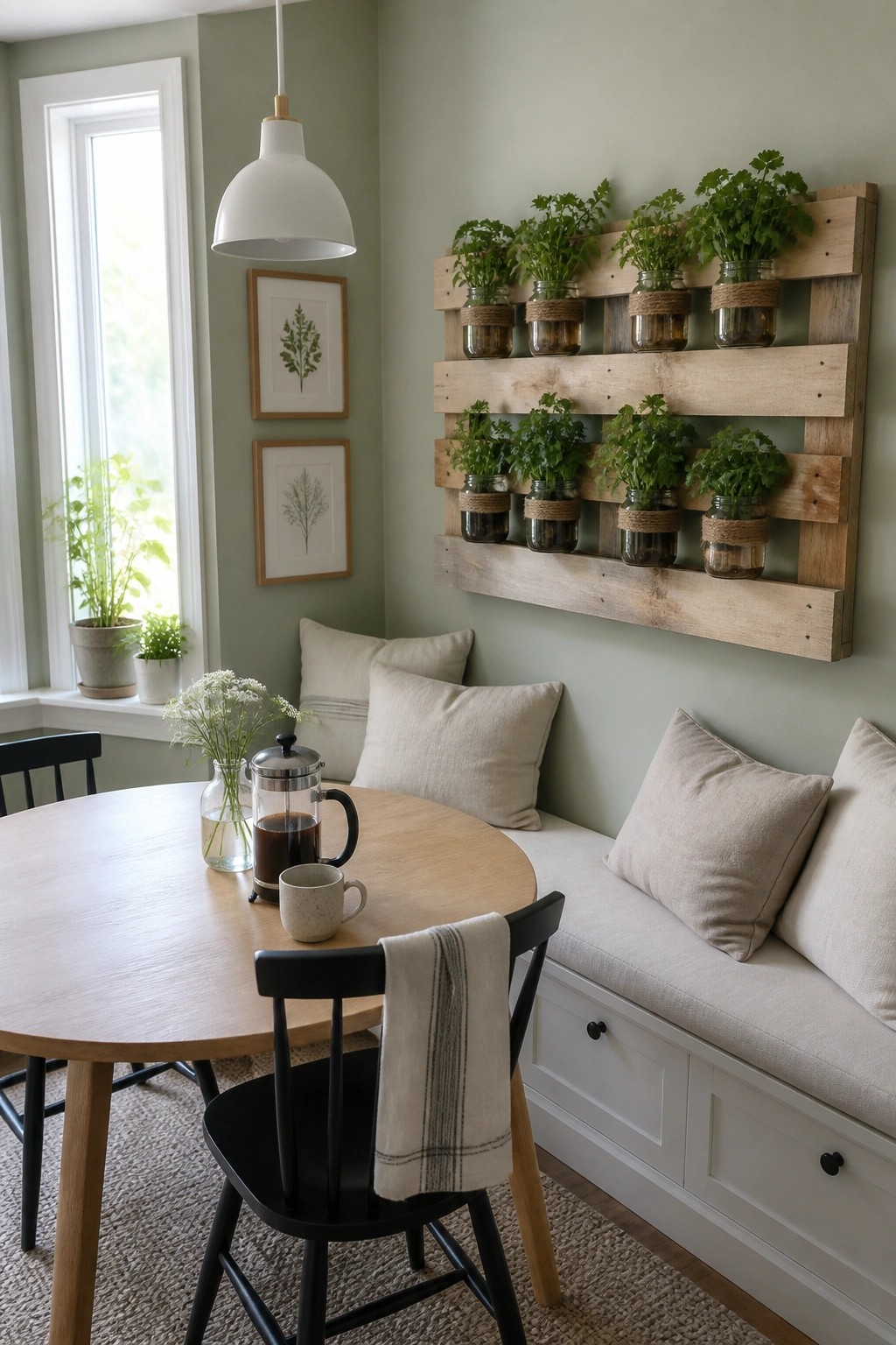 A wooden pallet mounted on a sage green wall holds glass jars of herbs above a cushioned bench and round dining table.