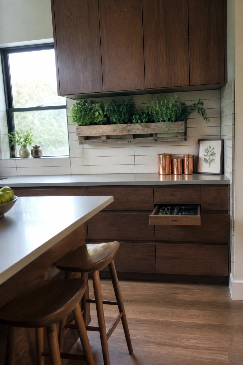 A kitchen interior with dark wood cabinets, a gray countertop, and a wooden pallet herb planter mounted on a white tile wall above the counter.
