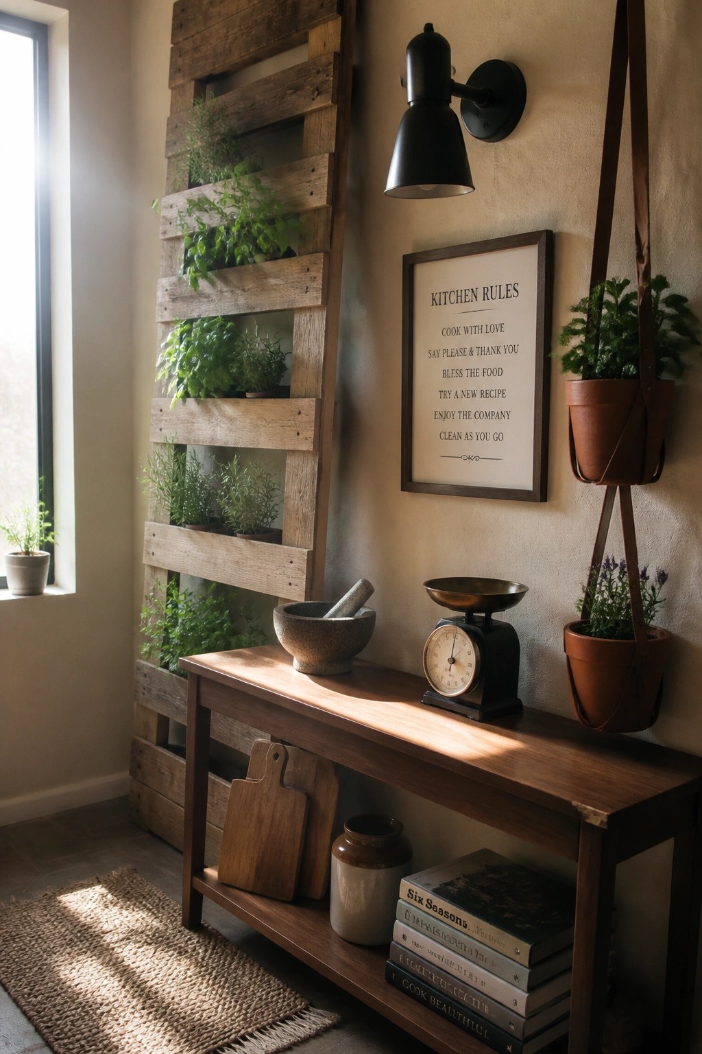 A vertical wooden pallet with multiple herb plants is mounted on an interior wall above a wooden console table.