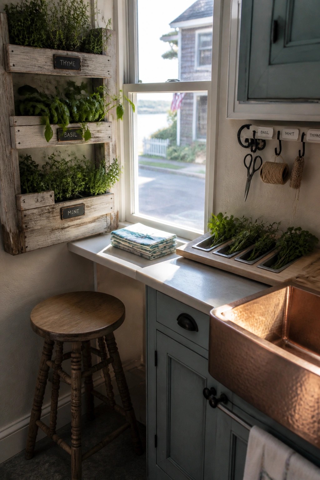 Rustic kitchen with labeled herb crates, copper sink, wooden stool, and window view.