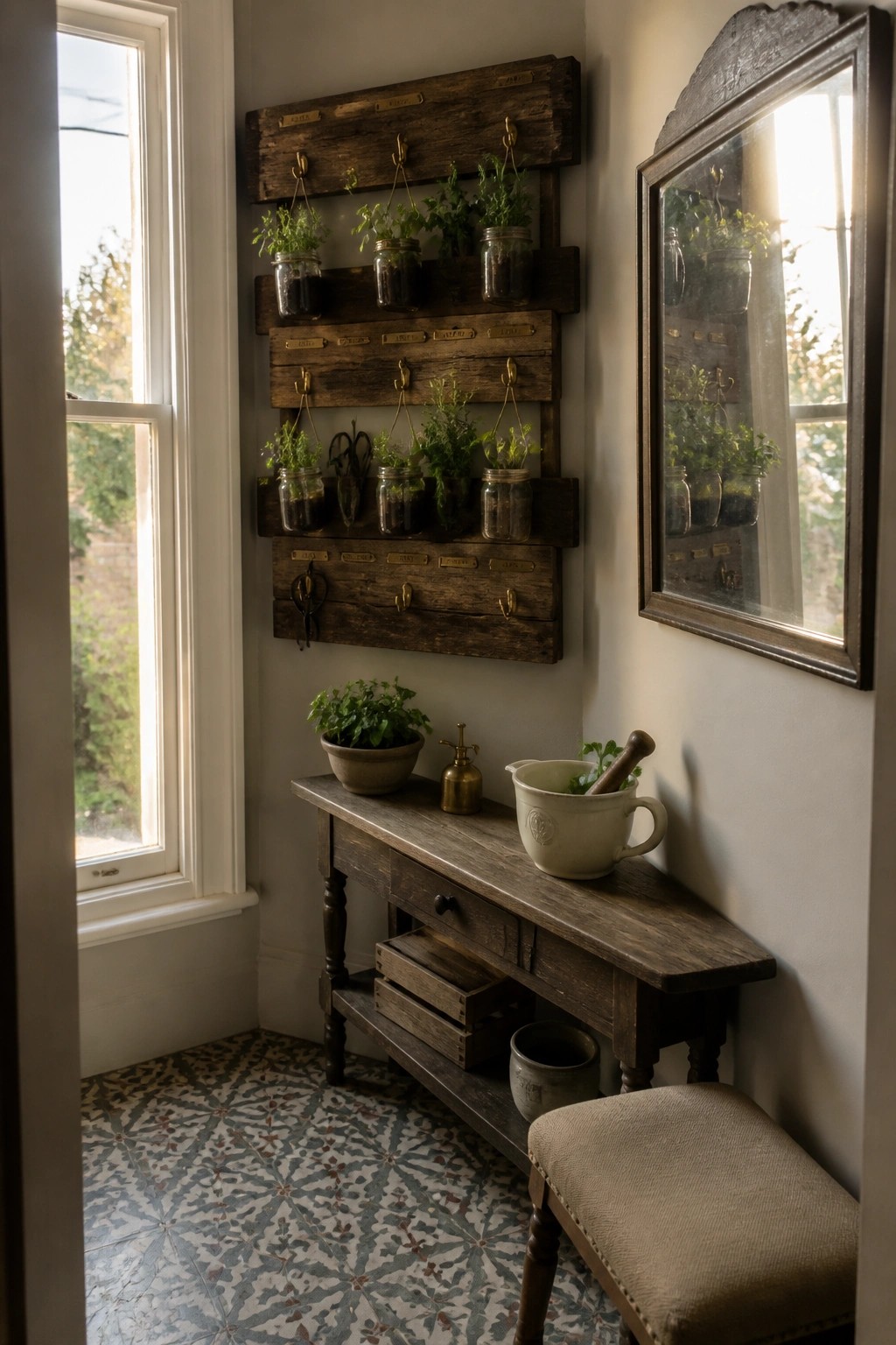 A wooden pallet structure mounted on an interior wall holds multiple glass jars with green plants hanging from hooks, positioned above a wooden table with a stool nearby.