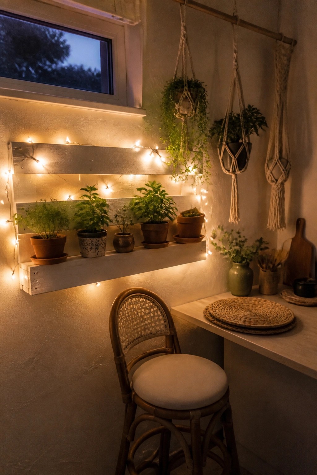 A white wooden pallet mounted on an interior wall holds several small potted herbs, with string lights wrapped around the edges and hanging macrame plants nearby.