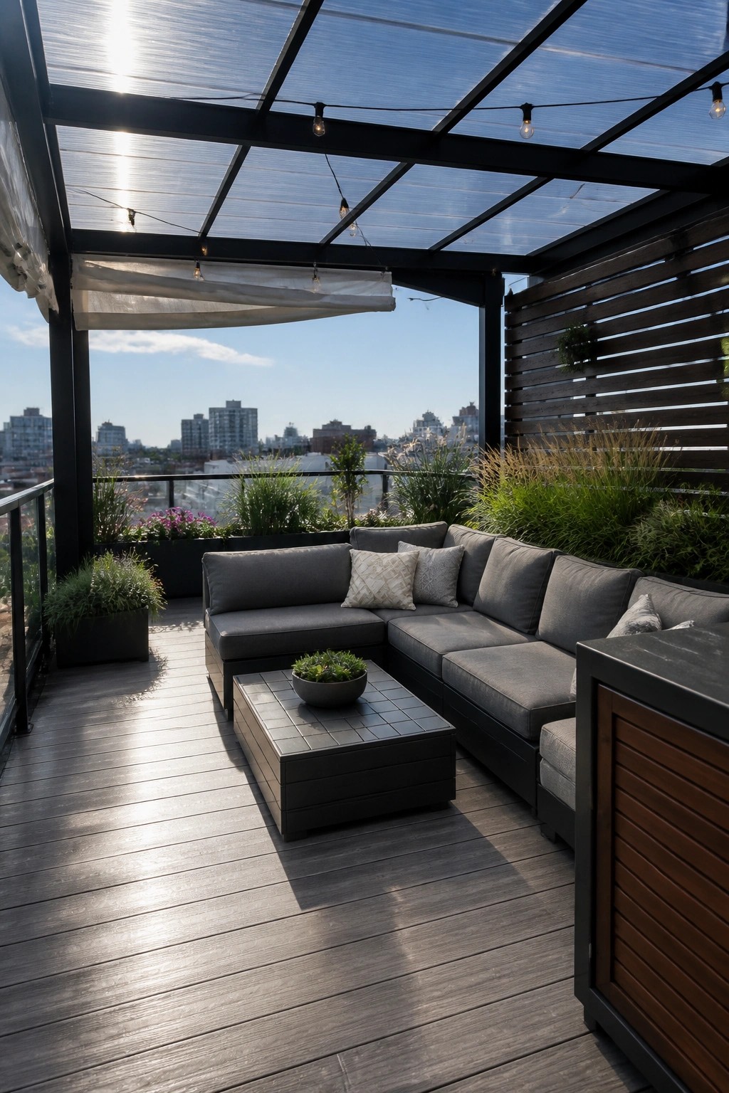Covered rooftop patio with a translucent roof, string lights, gray sectional sofa, and city skyline view.