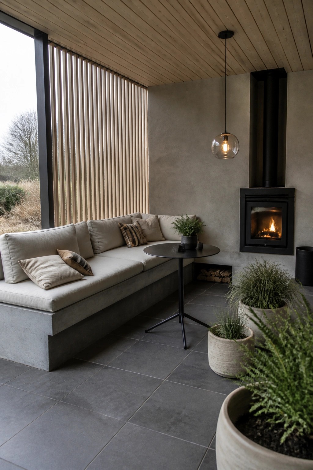A covered outdoor patio with built-in concrete bench seating, a round black table, potted plants, and a black wood-burning stove set into a concrete wall under a wood slat ceiling.