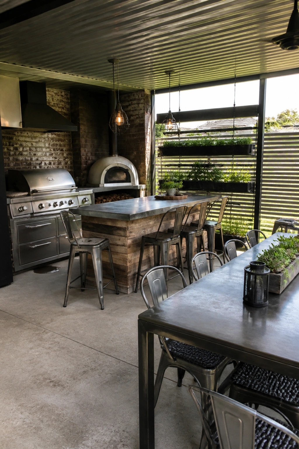 Covered patio with a stainless steel grill and pizza oven against a brick wall, a large wooden island topped with metal stools, and a long dining table nearby.