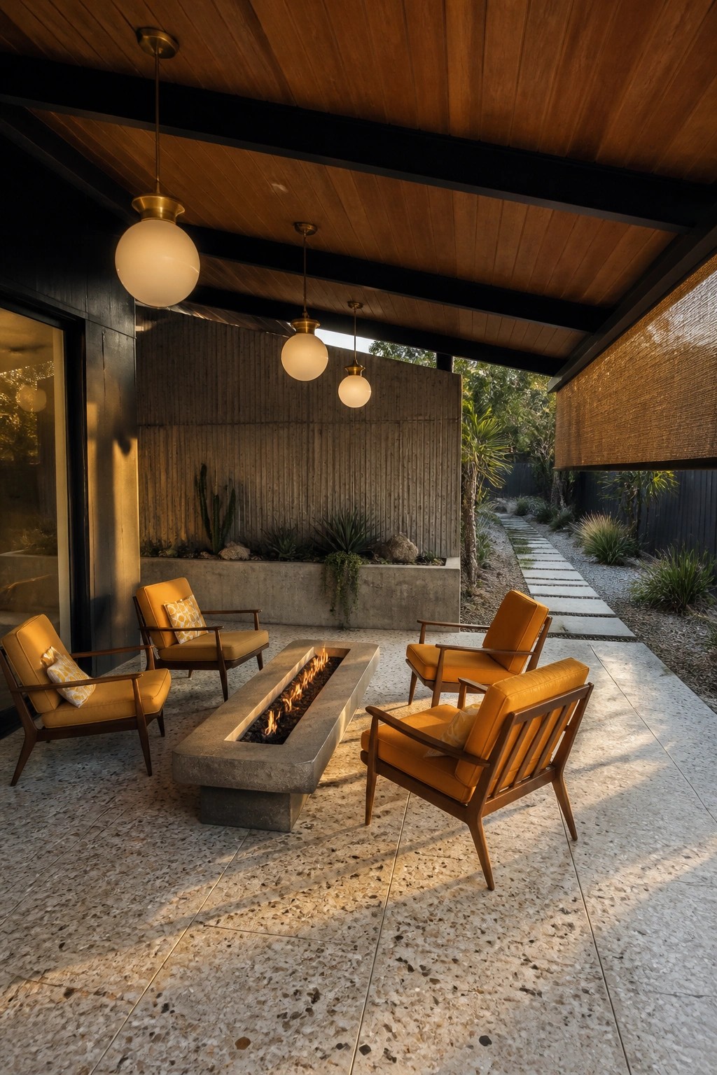 Four orange armchairs surround a lit concrete fire pit on a modern patio with pendant lights.
