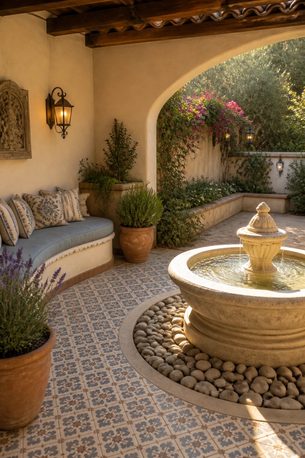 A covered patio with a curved built-in bench with blue cushions, patterned tile floor, potted plants, and a large stone fountain.