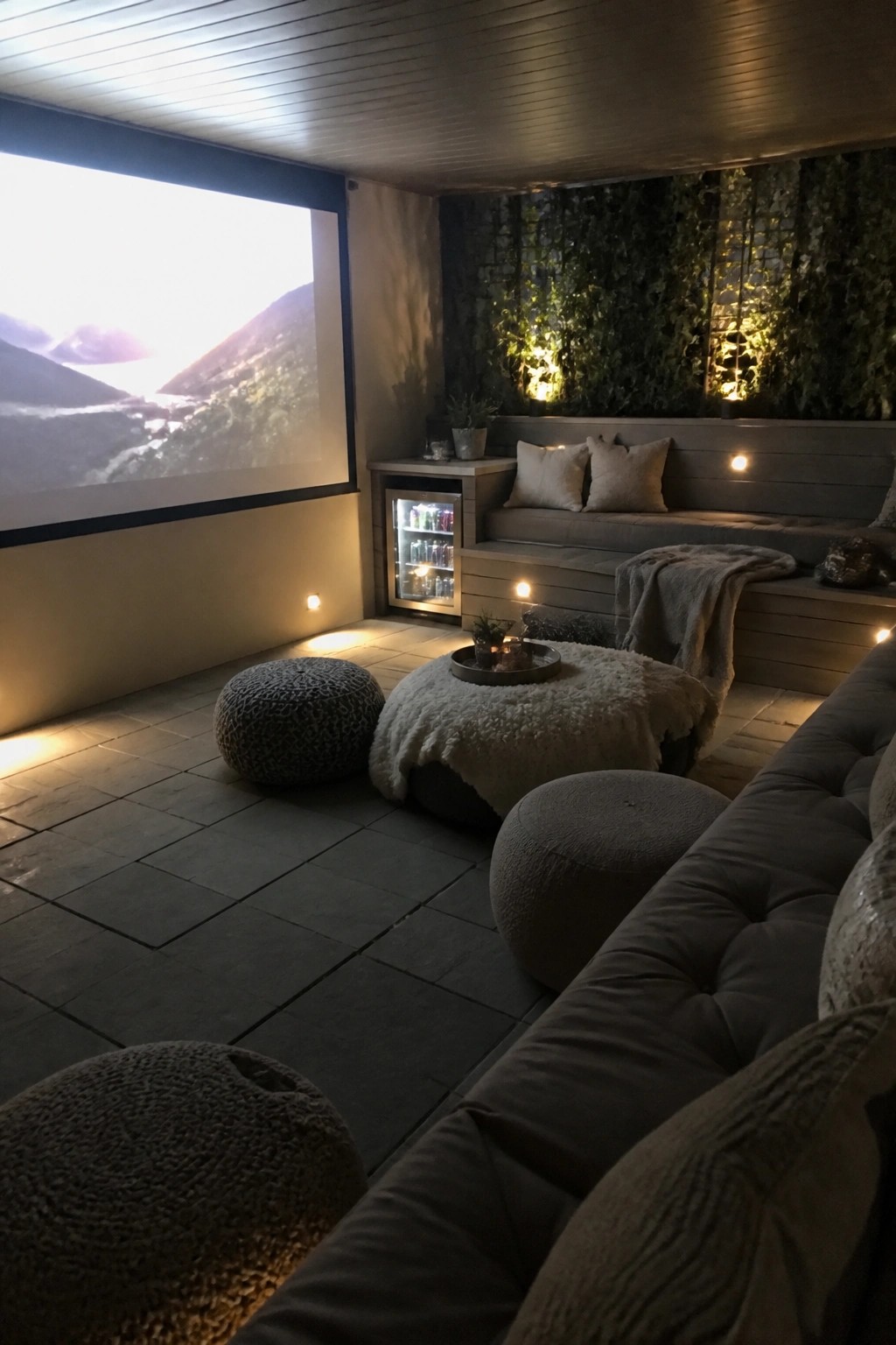 Cozy lounge with projection screen, built-in seating, living wall, and fuzzy ottomans.