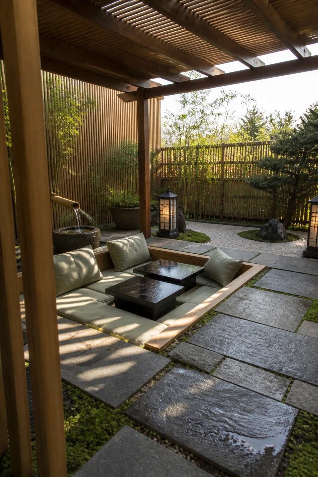 A wooden pergola covers a recessed seating area with light cushions and low dark tables, next to a stone water basin and a stone path in a garden setting.