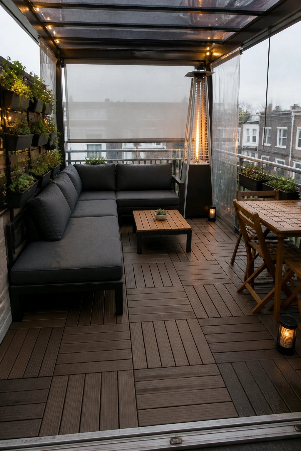 Covered balcony patio with dark sectional sofa, wooden coffee table, tall patio heater, and dining table under a transparent roof structure.