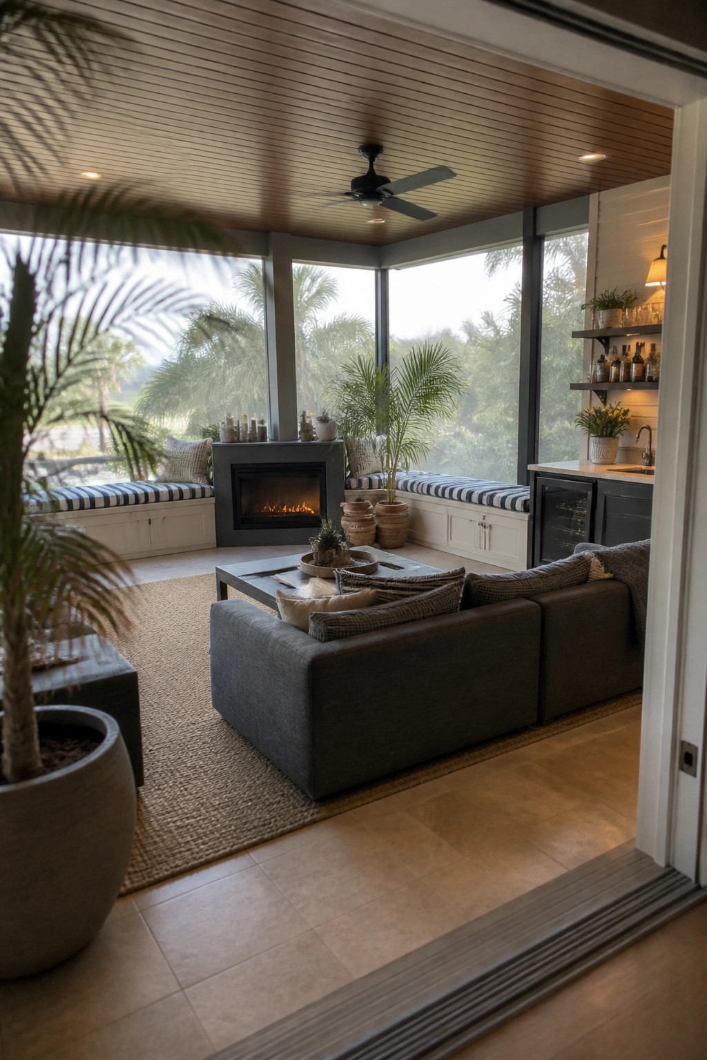 Covered patio enclosed by large glass windows, featuring a fireplace, built-in window seats, gray sectional sofa, and ceiling fan.