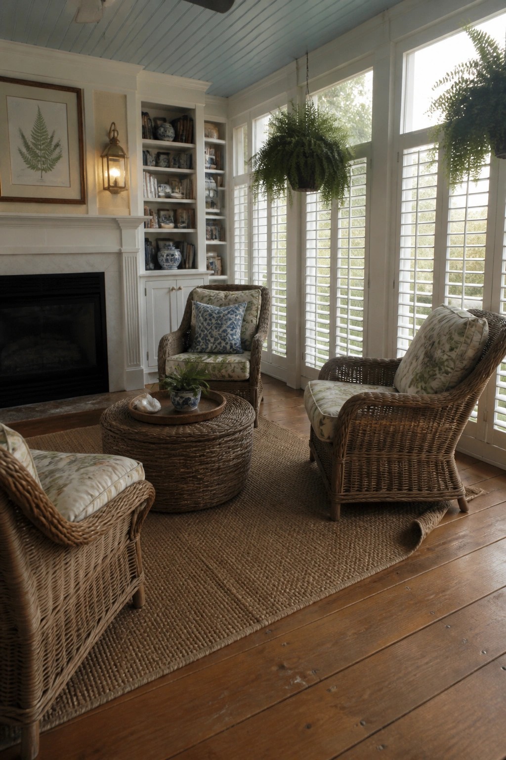A covered porch furnished with several wicker armchairs and a round woven table on a large jute rug, with a fireplace and built-in bookshelves visible in the background.