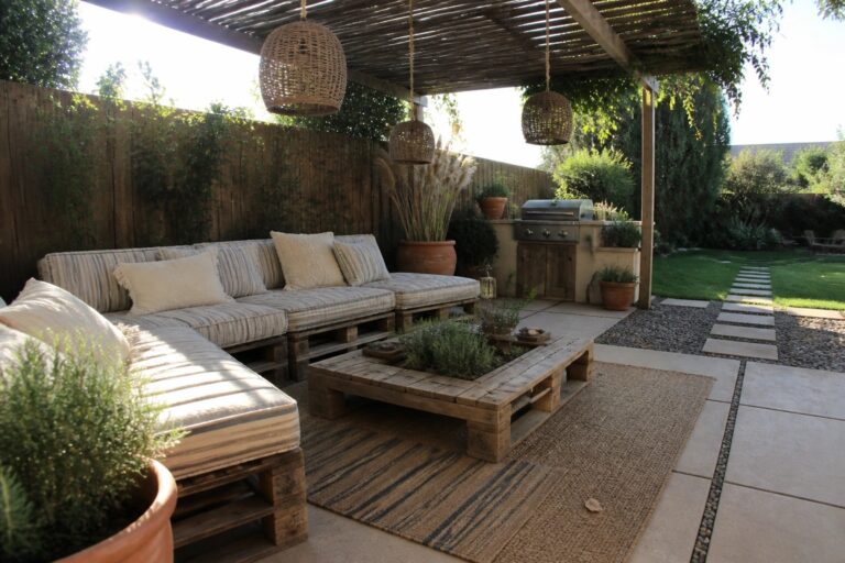 25 Stylish Pallet Furniture Ideas Built Around Modular Pieces Outdoor patio with an L-shaped sectional sofa and rectangular coffee table made from wooden pallets, topped with striped cushions and a built-in planter.