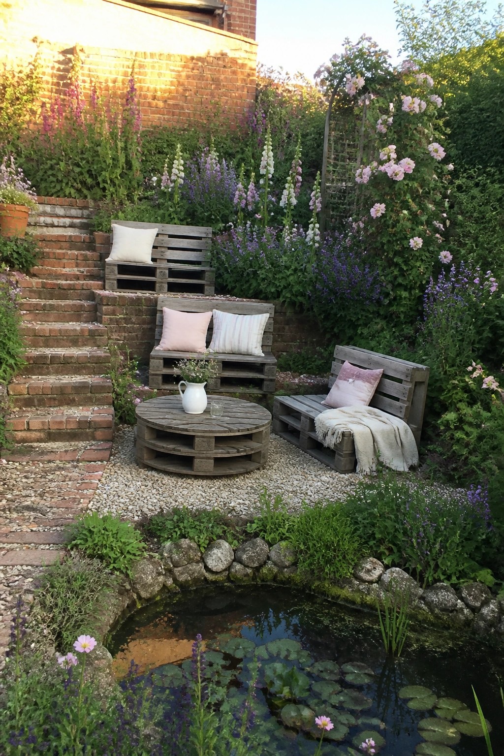Several wooden pallet benches with cushions arranged around a round pallet table on gravel next to a garden pond.