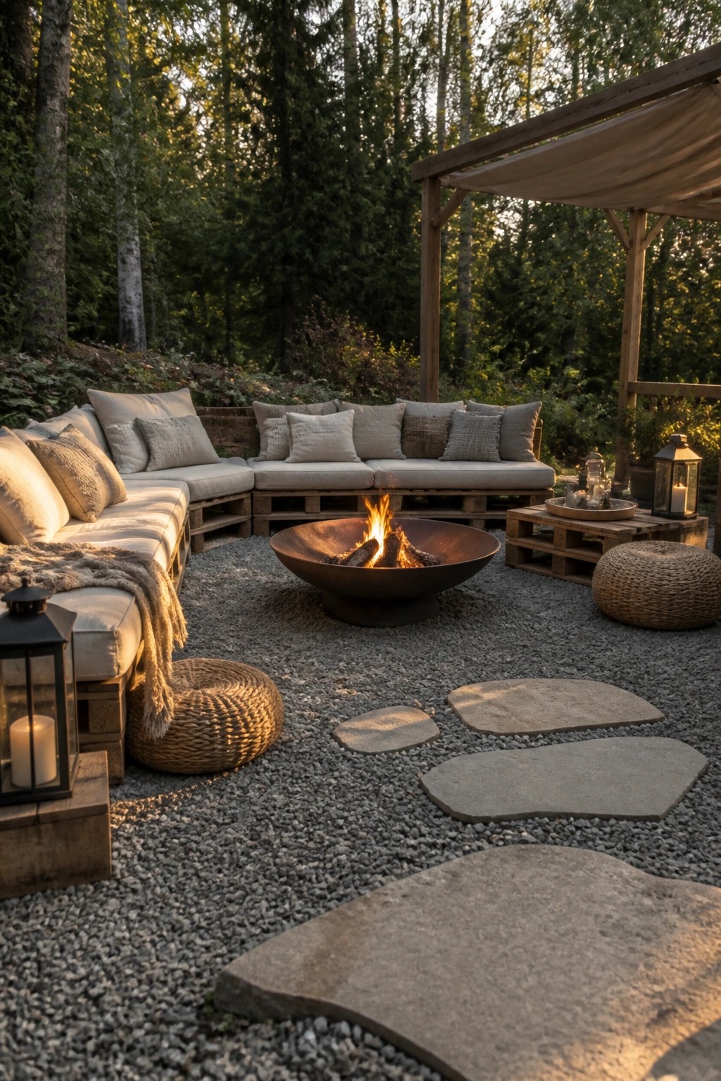 Wooden pallet sofas with light cushions form a U-shape around a metal fire bowl on gravel, with woven poufs, lanterns, and stepping stones in a wooded outdoor setting.