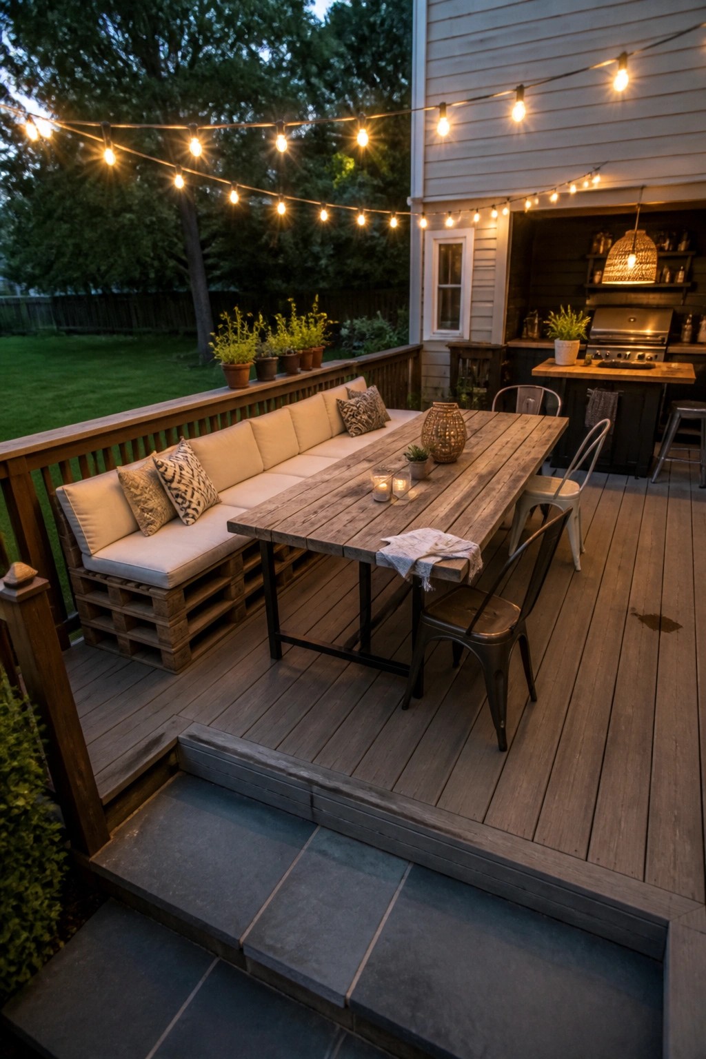 A wooden deck features a long pallet-built bench with cushions, a rustic dining table, metal chairs, string lights overhead, and an outdoor kitchen in the background.