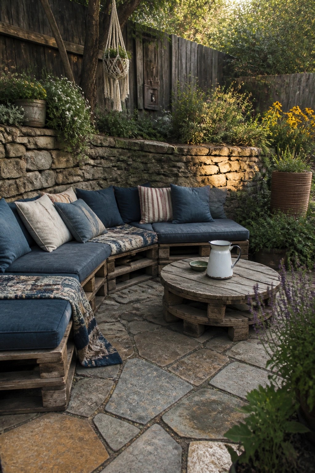 Rustic pallet sofa with blue cushions on flagstone patio beside stone wall and flowers