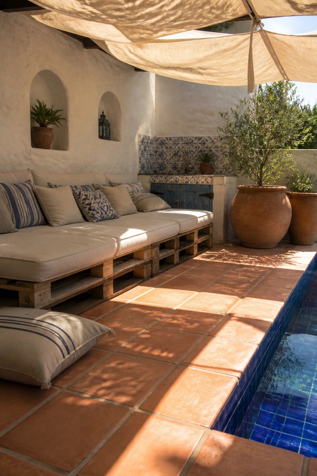 A long pallet sofa with white cushions and patterned pillows sits on terracotta tiles next to a blue-tiled swimming pool under beige shade sails.