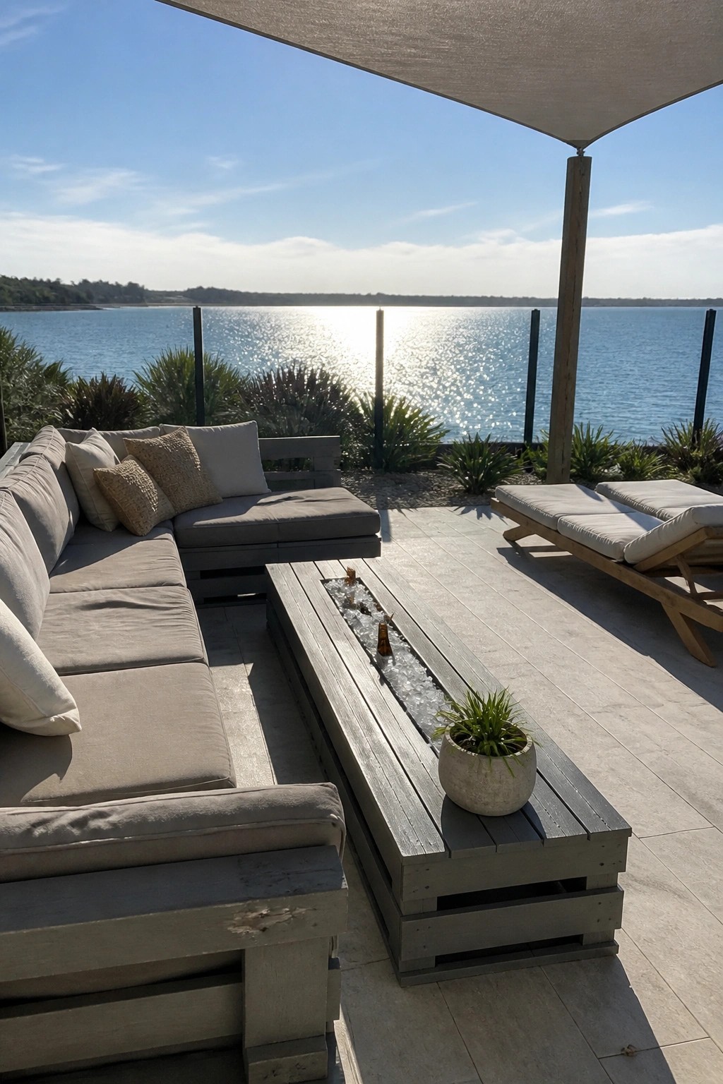 Outdoor patio with modular gray pallet furniture arranged as an L-shaped sectional and long table with fire feature, next to two lounge chairs overlooking water.