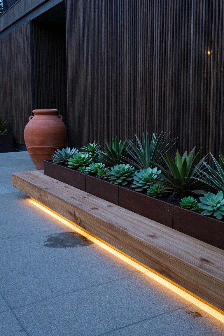 A lit wooden bench runs along the front of a raised metal planter filled with succulents and agaves against a dark slatted exterior wall.