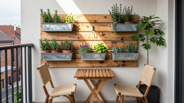 23 Stylish Pallet Wall Garden Ideas for Blank Exterior Walls A balcony with a vertical garden made from wooden planks and metal trough planters filled with various plants, next to a small round table and wicker chair.