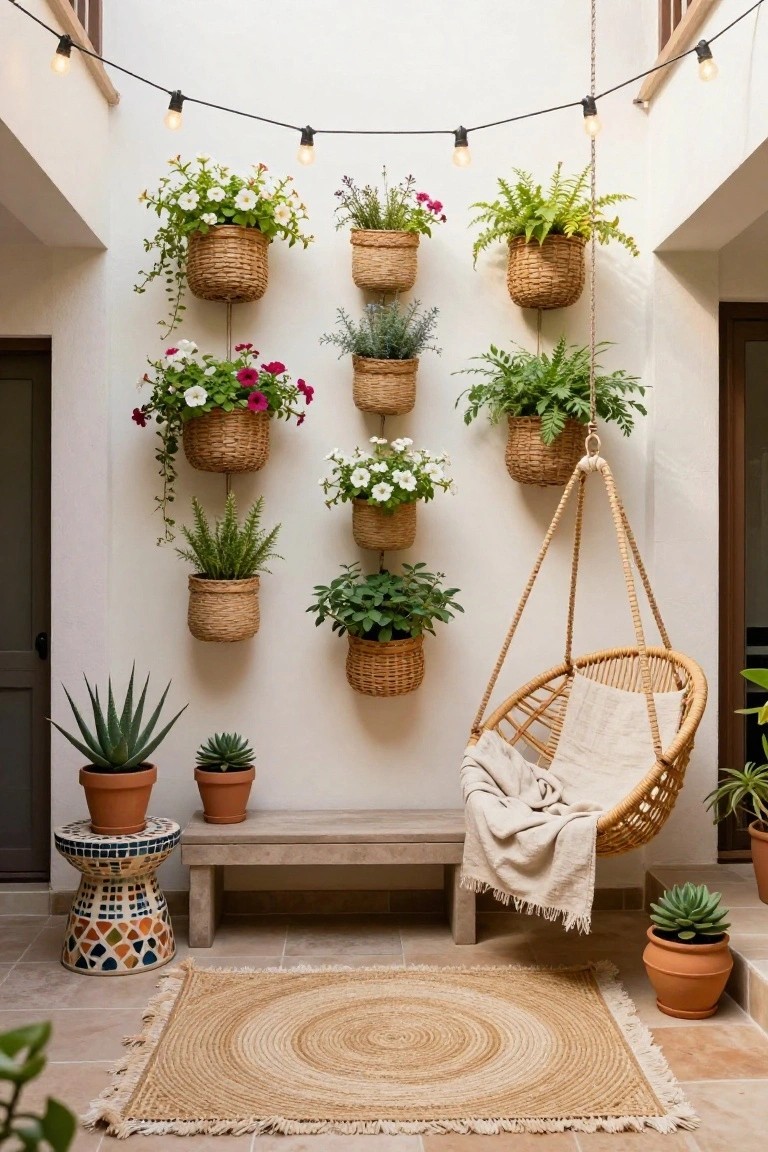 A patio with multiple woven hanging baskets filled with flowers and greenery mounted on a white exterior wall, alongside a hanging rattan chair, concrete bench, and jute rug.