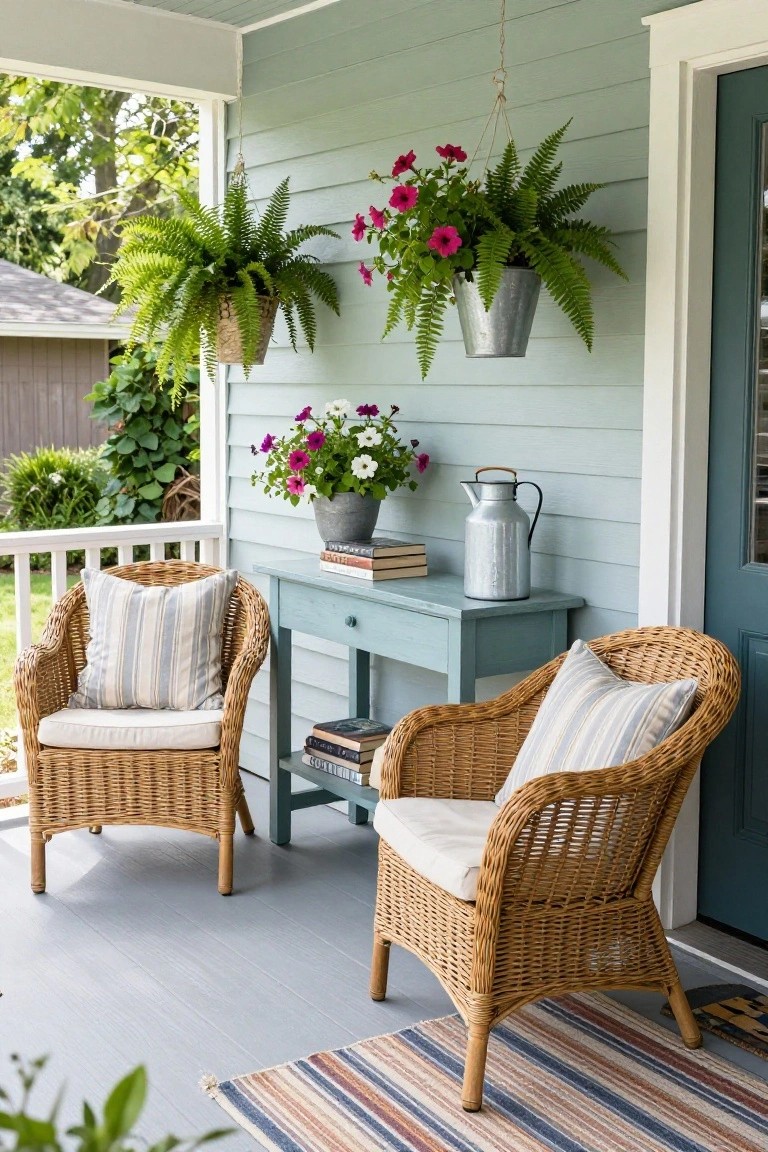 A light blue porch wall with multiple hanging ferns and flowering plants above two wicker chairs and a small painted table.