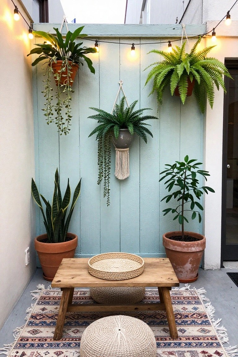 Cozy patio with potted plants, wooden bench, woven baskets, and string lights on blue wall
