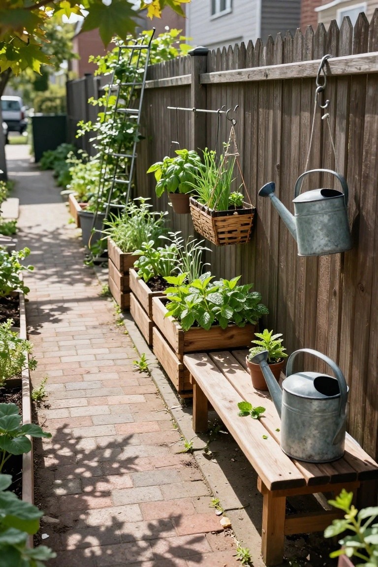 Wooden pallet crates filled with green plants line a tall fence next to a brick path, with hanging baskets and metal watering cans nearby.
