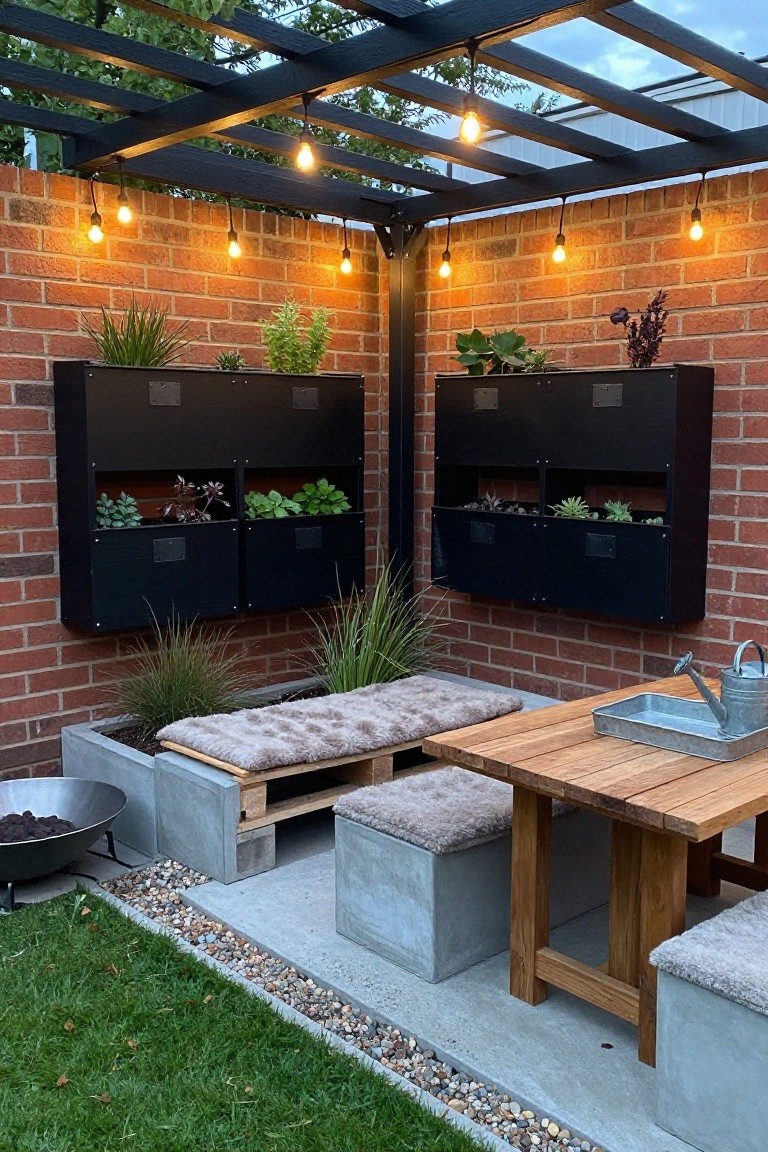 Outdoor patio with brick walls, black planters, wooden table, and string lights.