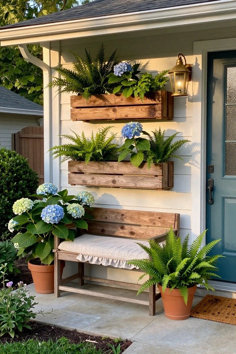 Two wooden pallets mounted on white house siding hold ferns and blue hydrangeas above a wooden bench and potted plants beside a blue door.