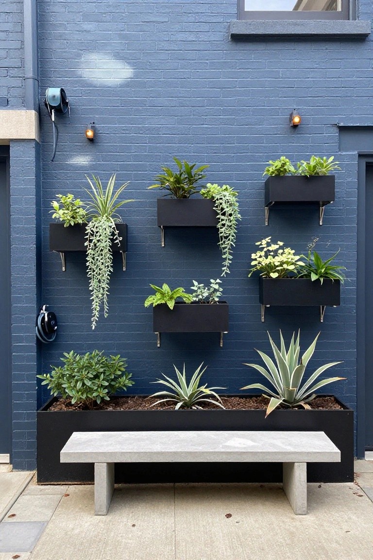 Blue brick wall with black planters of assorted plants above concrete bench.