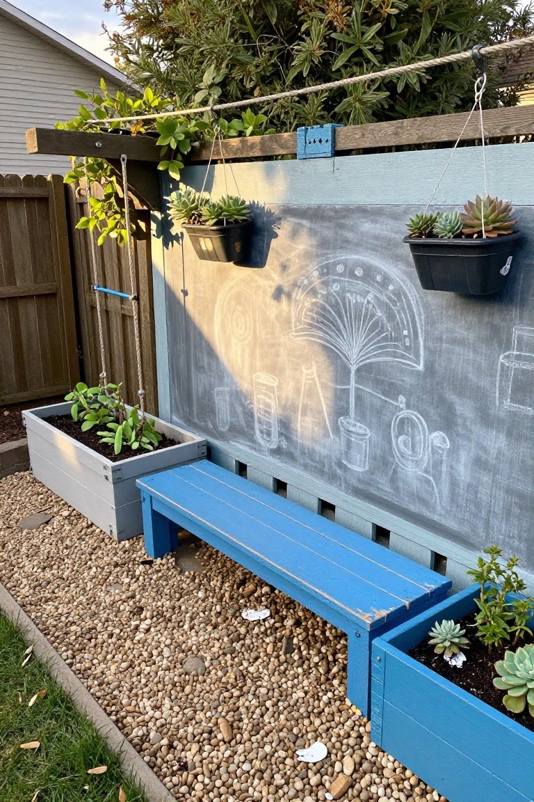 A light blue exterior wall painted with white chalk drawings, several wooden planters holding succulents, a blue bench in front, and hanging plants from a rope above.