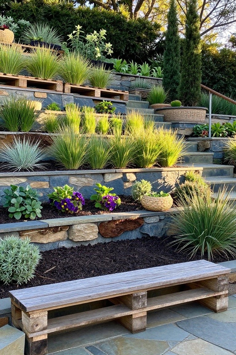 A sloped garden with multiple stone terraces holding green and flowering plants, wooden pallet frames built into the beds, and a wooden pallet bench in the foreground.
