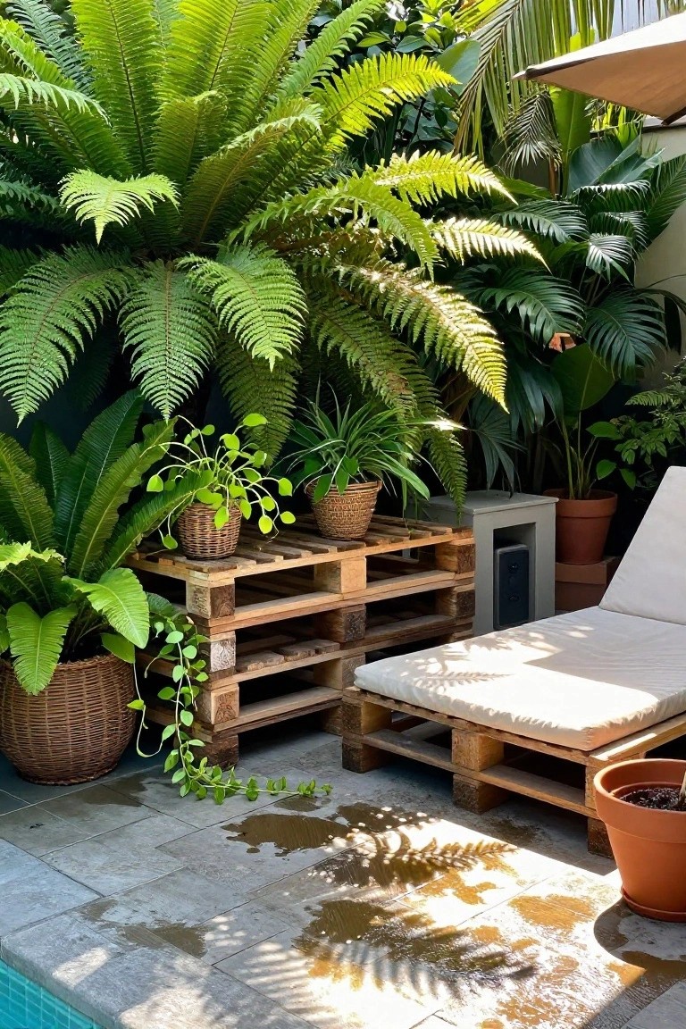 Stacked wooden pallets hold potted plants in wicker baskets on a stone patio, next to a pallet lounge chair, with ferns and other greenery against a dark wall and a pool edge in the foreground.