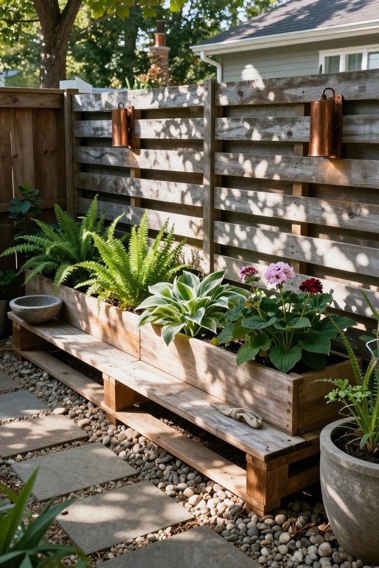 A long wooden pallet planter filled with ferns and flowers runs along a slatted fence in a backyard with gravel and pavers.
