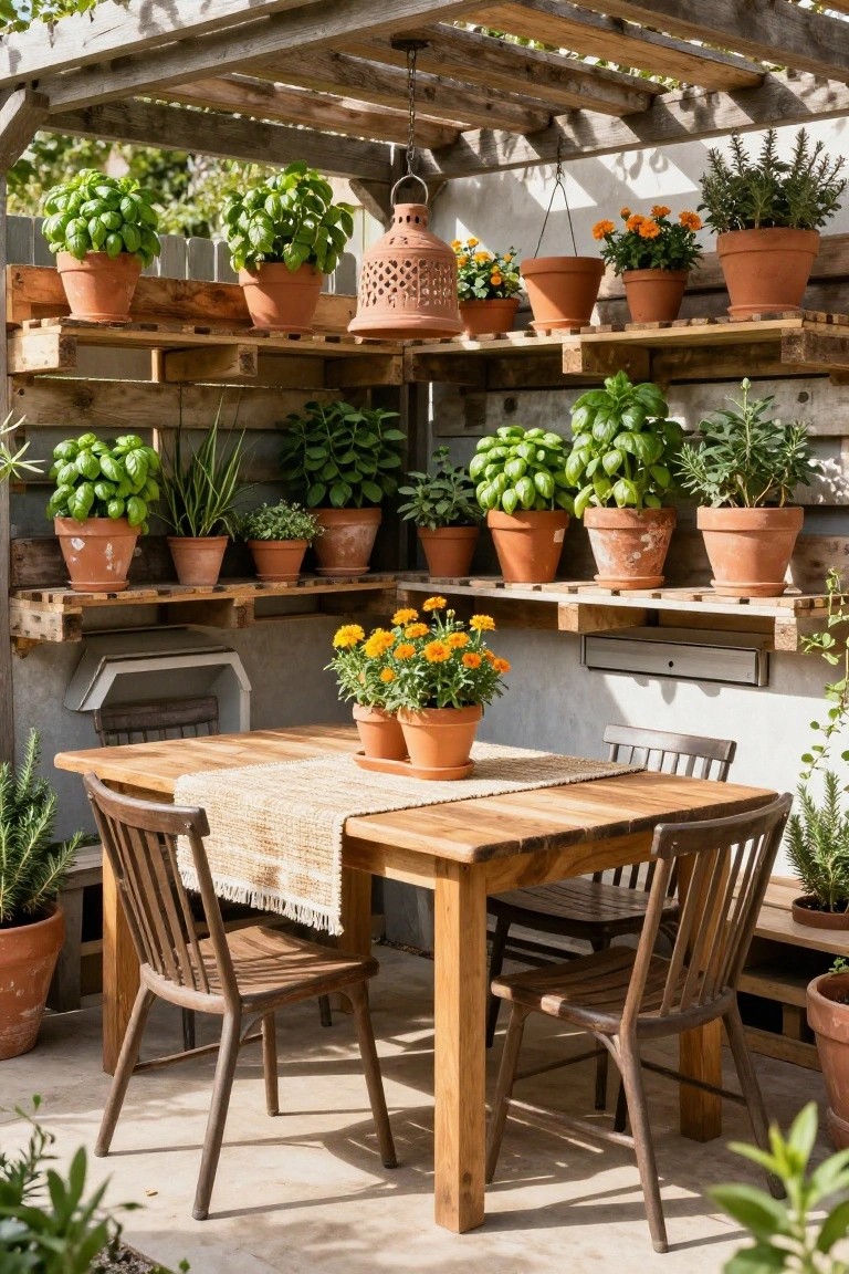 An outdoor wooden dining table and chairs sit in front of a wall fitted with multiple horizontal pallet shelves holding rows of potted herbs and flowering plants in terracotta containers.