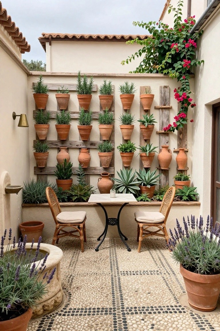 An outdoor courtyard wall fitted with wooden pallet structures holding multiple terracotta pots of plants, with a small table and two chairs in front.