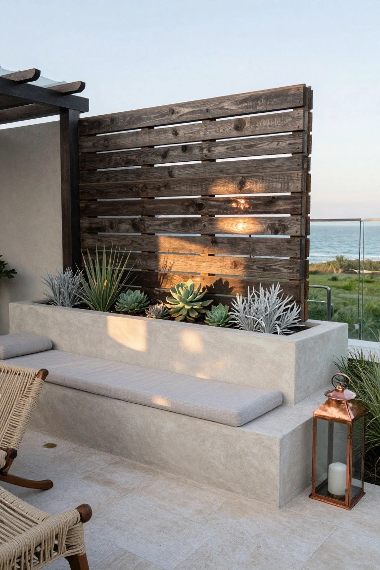 An outdoor concrete planter filled with succulents sits in front of a horizontal wooden pallet wall, with a cushioned bench and woven chairs nearby on a tiled patio overlooking the ocean.